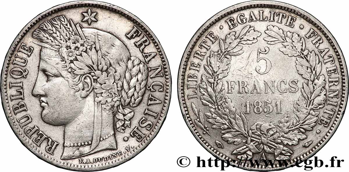 5 francs Cérès, IIe République 1851 Paris F.327/7 VF 