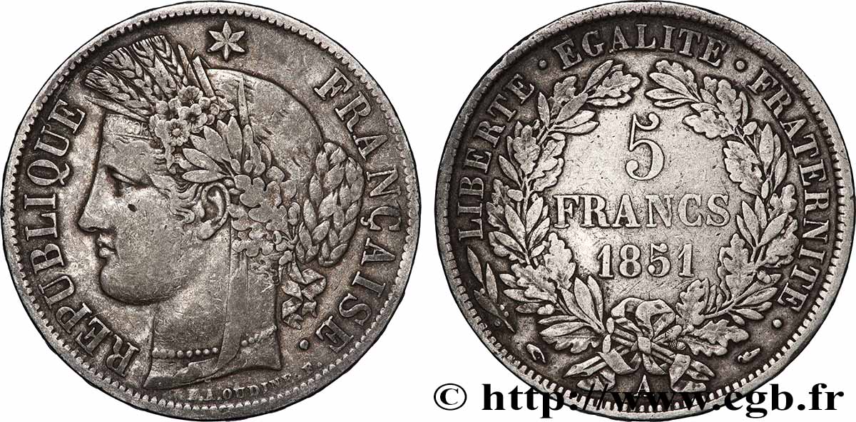 5 francs Cérès, IIe République 1851 Paris F.327/7 BC+ 