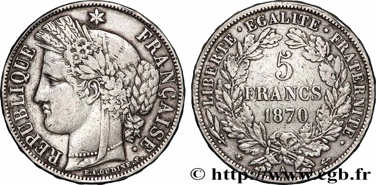 5 francs Cérès, avec légende 1870 Paris F.333/1 q.BB 