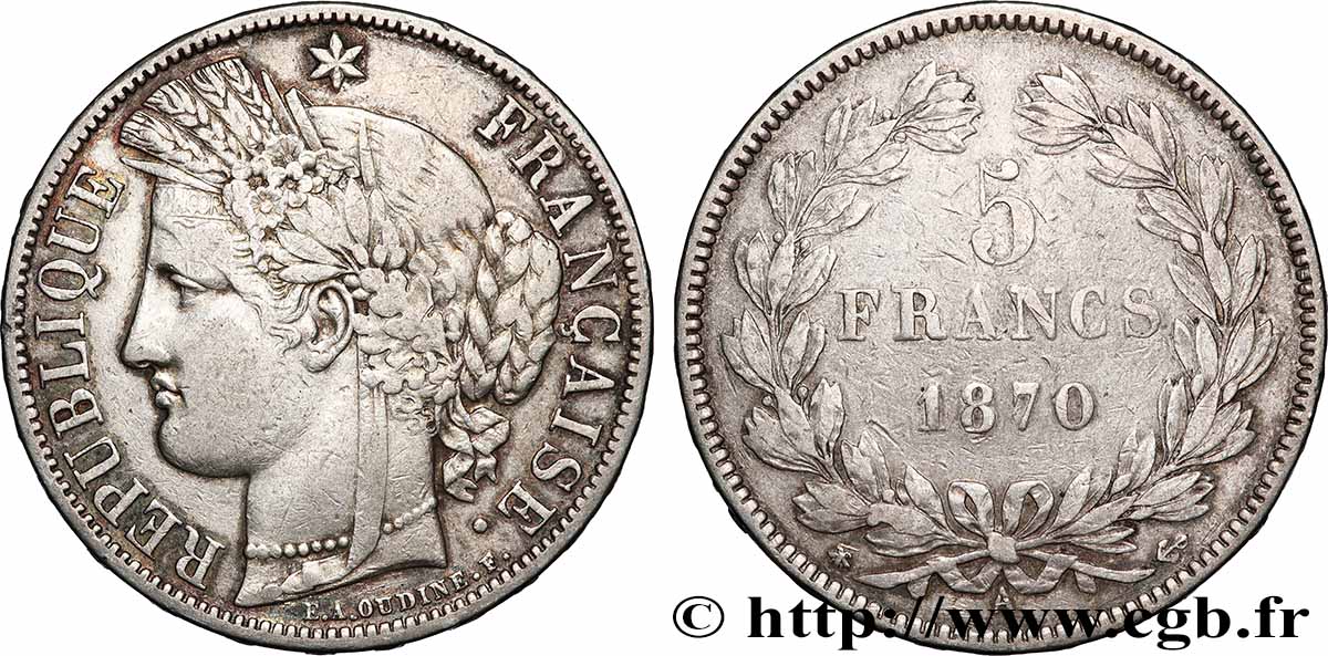 5 francs Cérès, sans légende 1870 Paris F.332/1 VF 