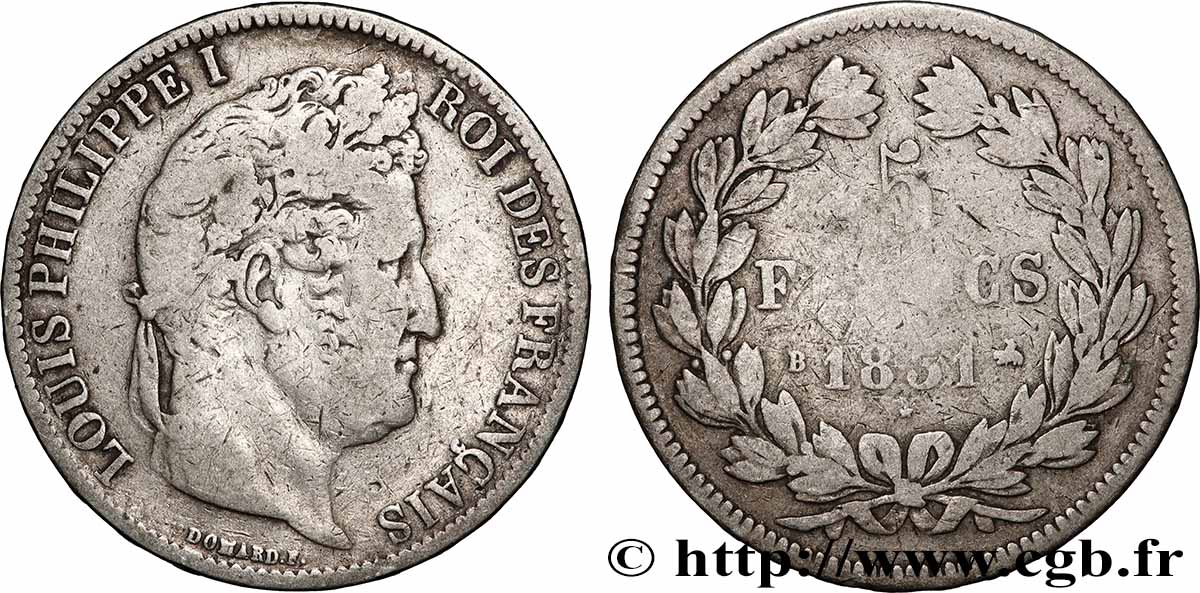 5 francs Ier type Domard, tranche en relief 1831 Rouen F.320/2 B+ 