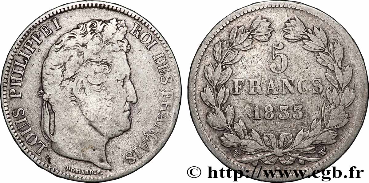 5 francs IIe type Domard 1833 Lille F.324/28 TB 