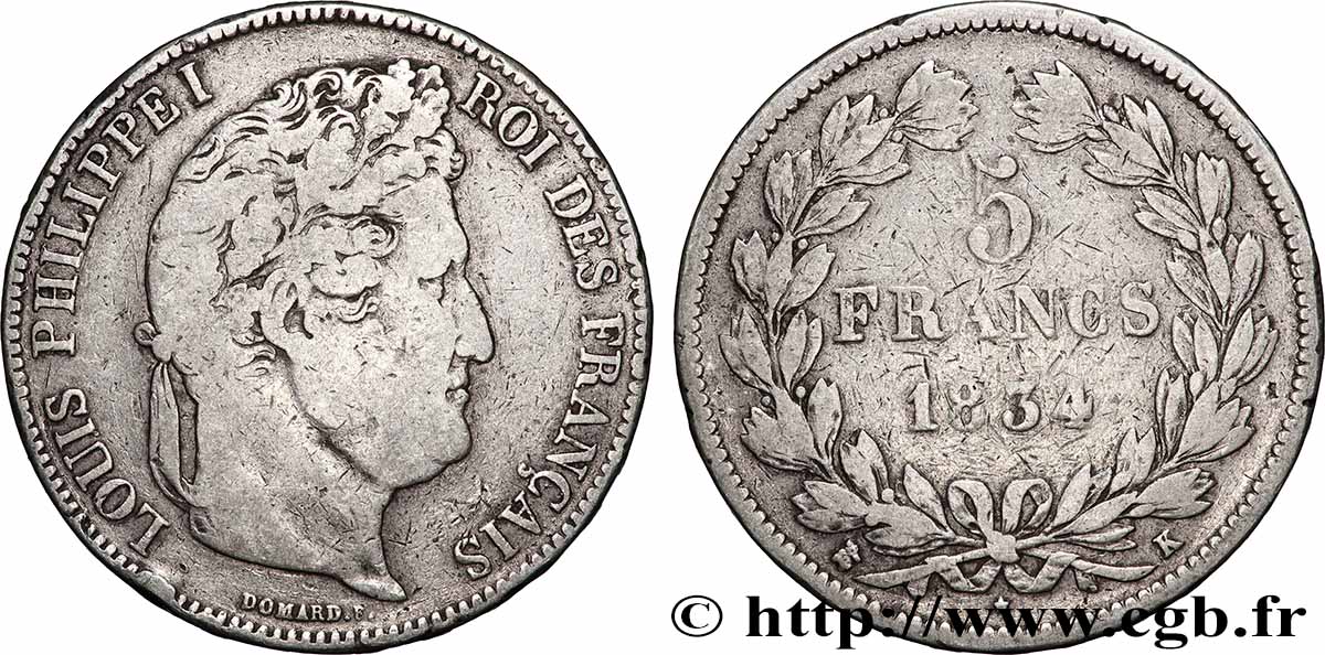 5 francs IIe type Domard 1834 Bordeaux F.324/35 VF 