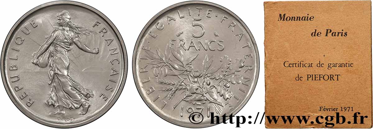 Piéfort argent de 5 francs Semeuse 1971 Paris GEM.154 P2 ST 