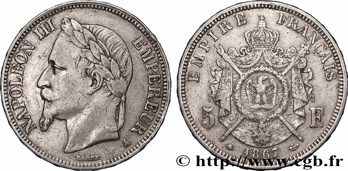 5 francs Napoléon III, tête laurée 1867 Paris F.331/10 q.BB 