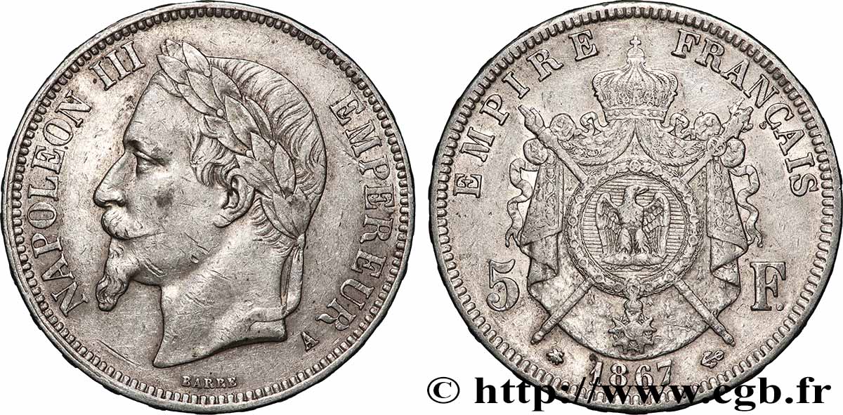 5 francs Napoléon III, tête laurée 1867 Paris F.331/10 VF 