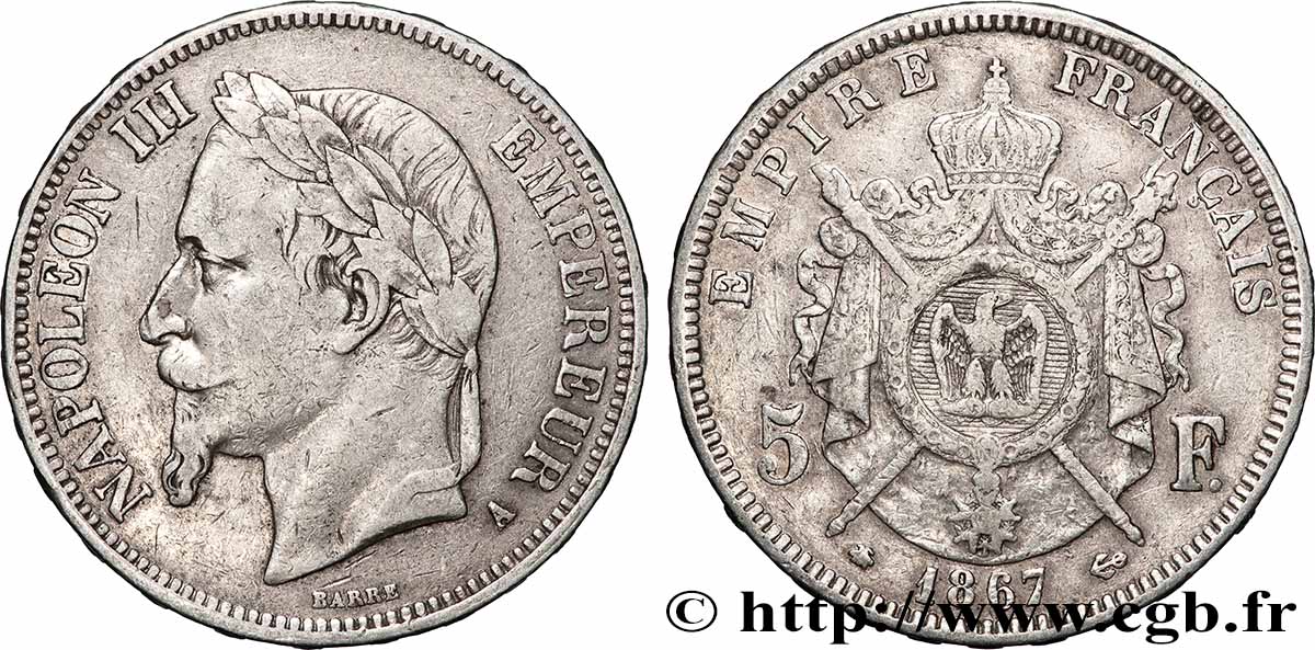 5 francs Napoléon III, tête laurée 1867 Paris F.331/10 BC+ 