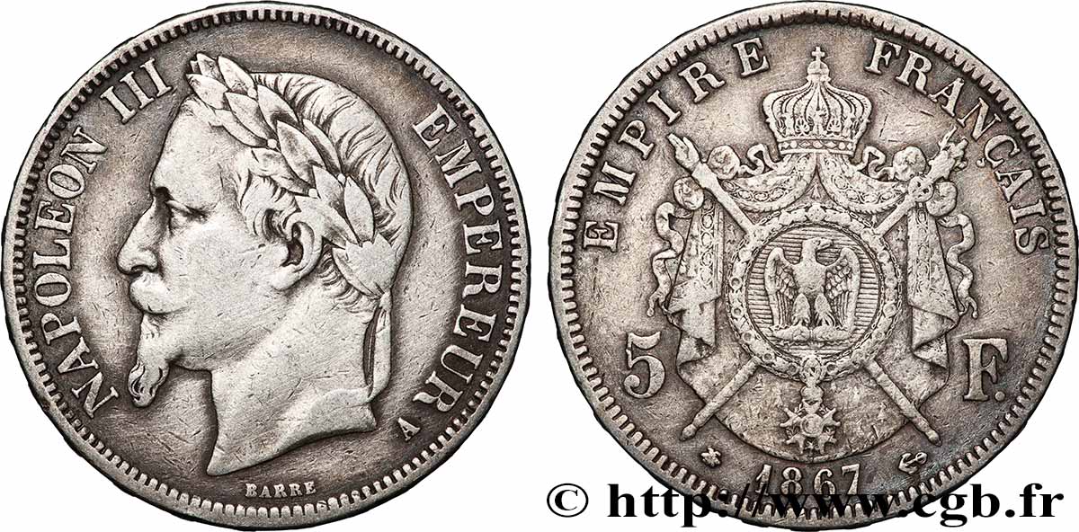 5 francs Napoléon III, tête laurée 1867 Paris F.331/10 MB 