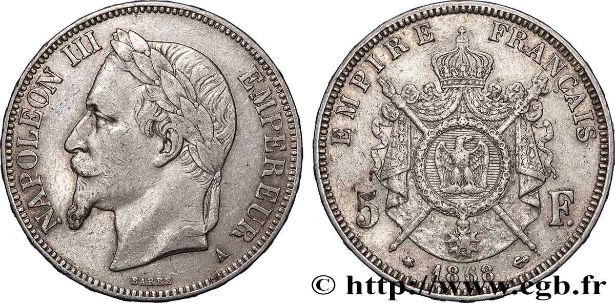 5 francs Napoléon III, tête laurée 1868 Paris F.331/12 VF 