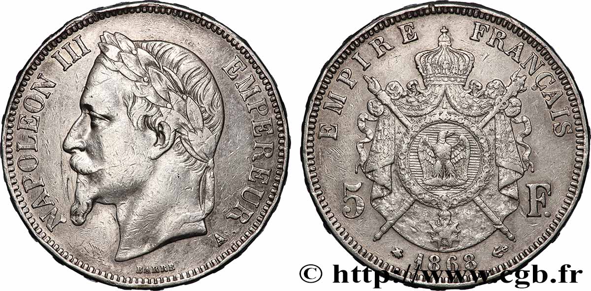 5 francs Napoléon III, tête laurée 1868 Paris F.331/12 q.BB 