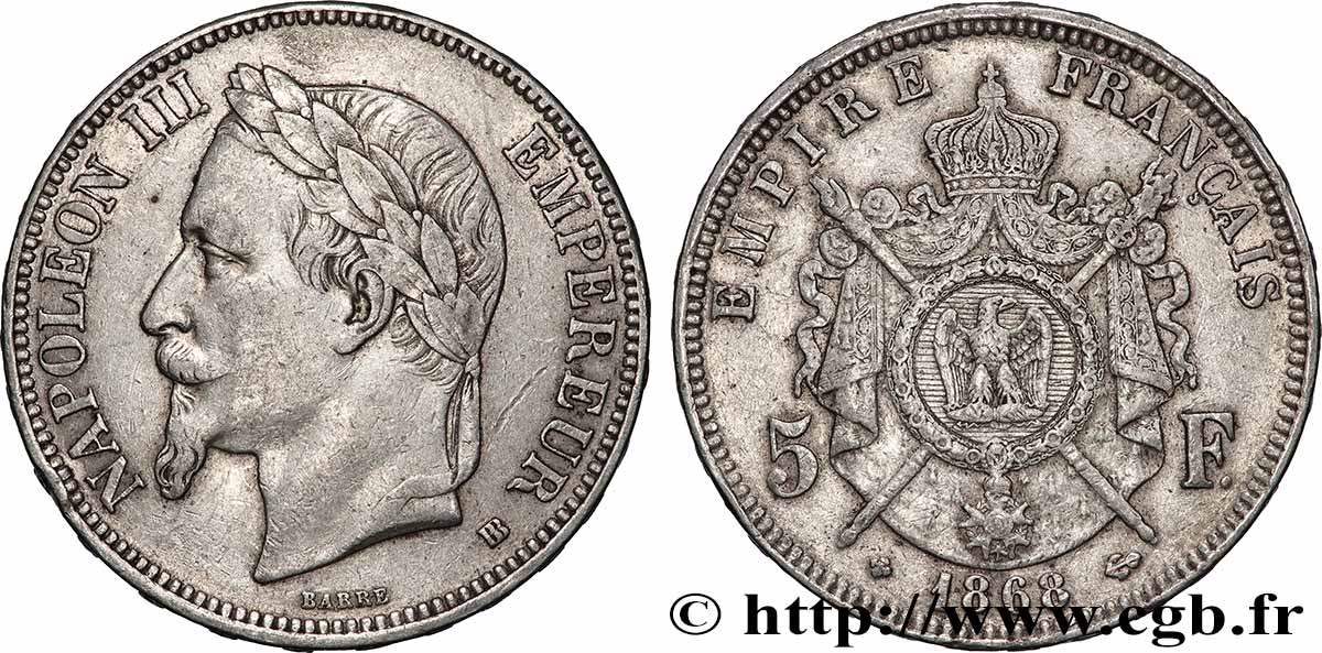 5 francs Napoléon III, tête laurée 1868 Strasbourg F.331/13 TTB 