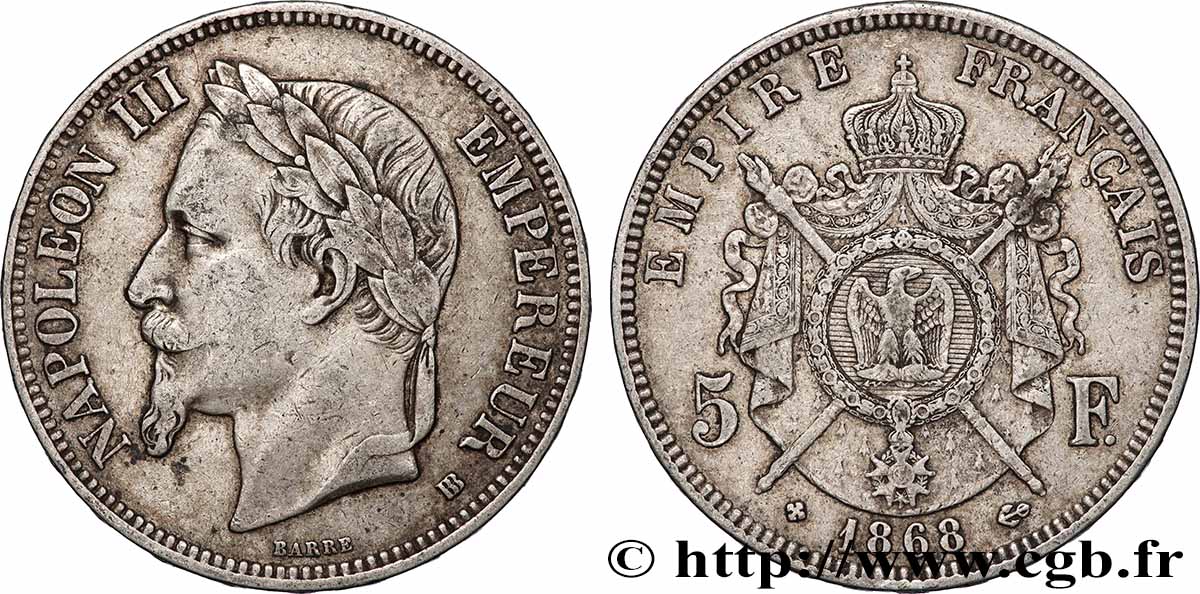 5 francs Napoléon III, tête laurée 1868 Strasbourg F.331/13 TB+ 