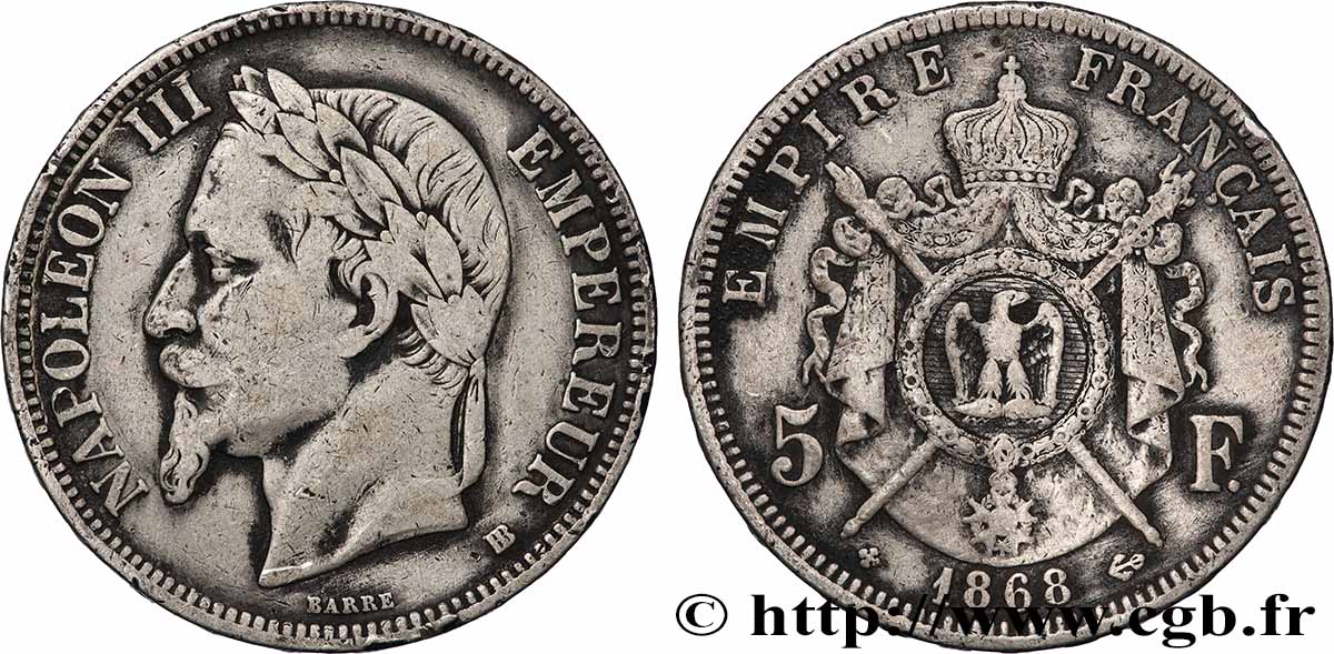 5 francs Napoléon III, tête laurée 1868 Strasbourg F.331/13 VF 