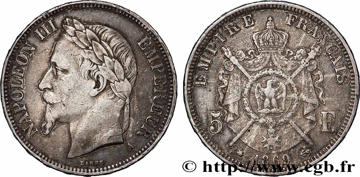 5 francs Napoléon III, tête laurée 1869 Paris F.331/14 VF 