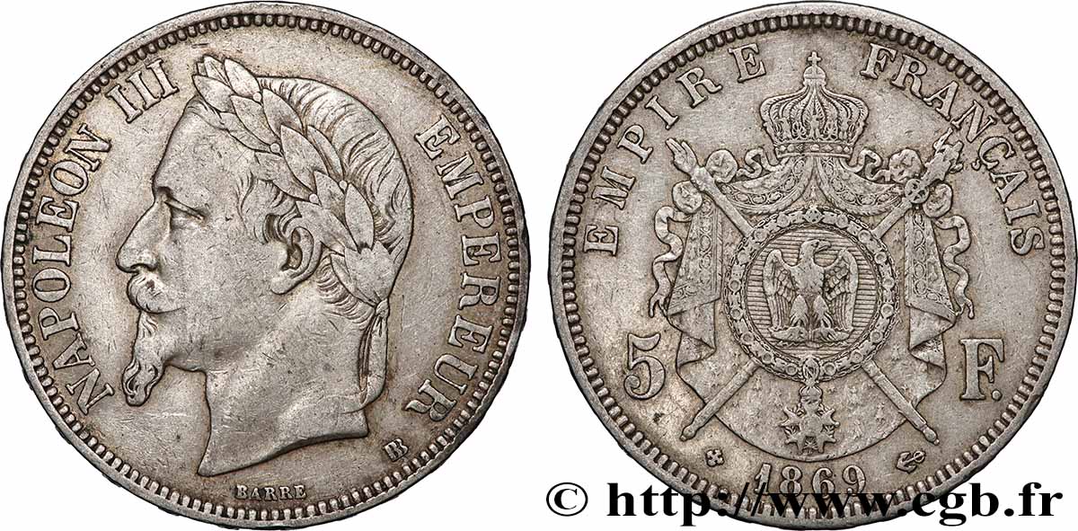 5 francs Napoléon III, tête laurée 1869 Strasbourg F.331/15 q.BB 