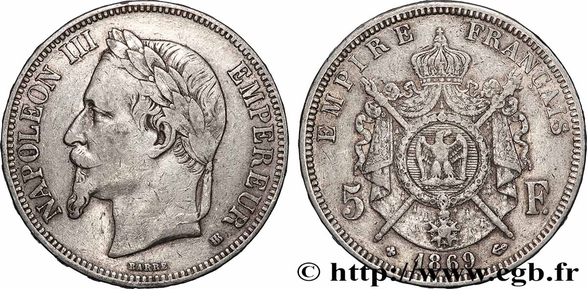 5 francs Napoléon III, tête laurée 1869 Strasbourg F.331/15 q.BB 
