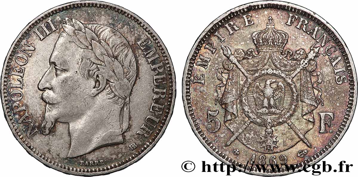 5 francs Napoléon III, tête laurée 1869 Strasbourg F.331/15 TB+ 