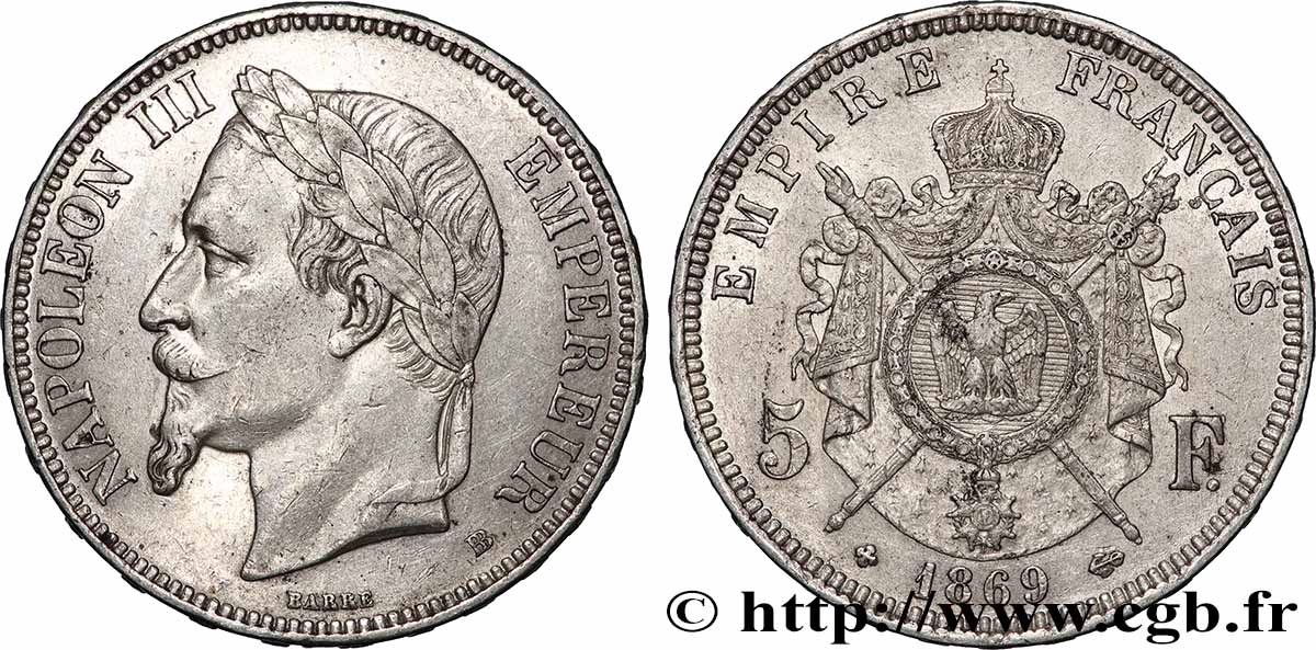 5 francs Napoléon III, tête laurée 1869 Strasbourg F.331/15 BB 