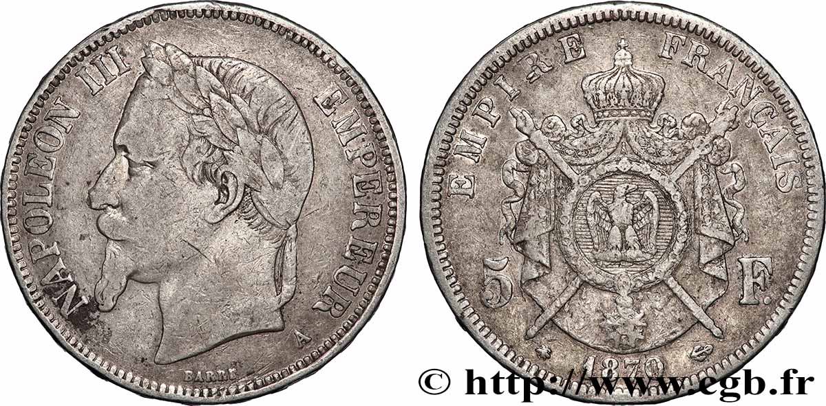 5 francs Napoléon III, tête laurée 1870 Paris F.331/16 TB 