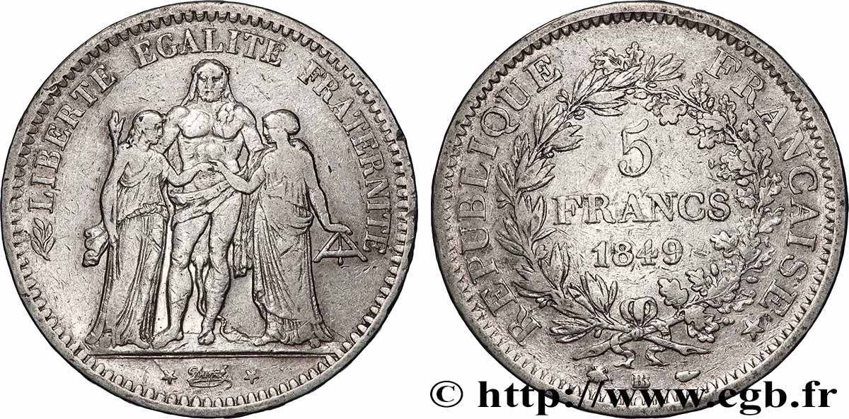 5 francs Hercule, IIe République 1849 Strasbourg F.326/6 TB 