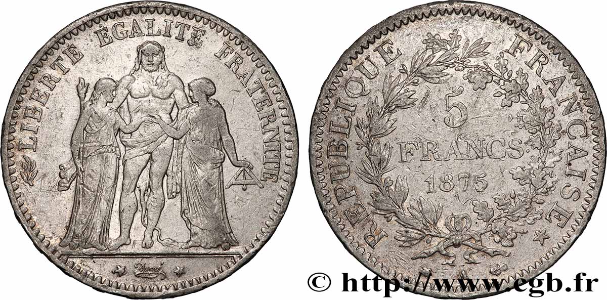 5 francs Hercule, petit A 1875 Paris F.334/15 TB+ 