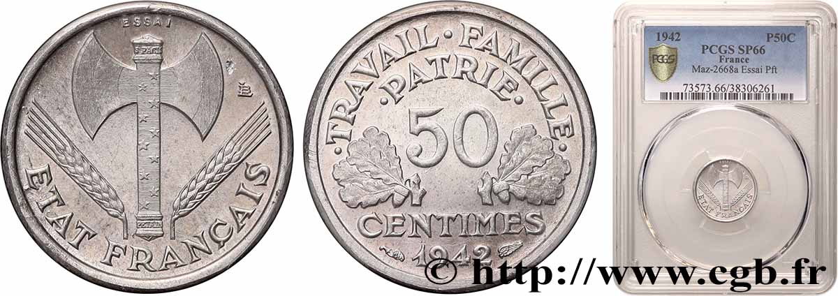 Essai-piéfort aluminium de 50 centimes Francisque, frappe médaille 1942 Paris GEM.86 EP1 ST66 PCGS