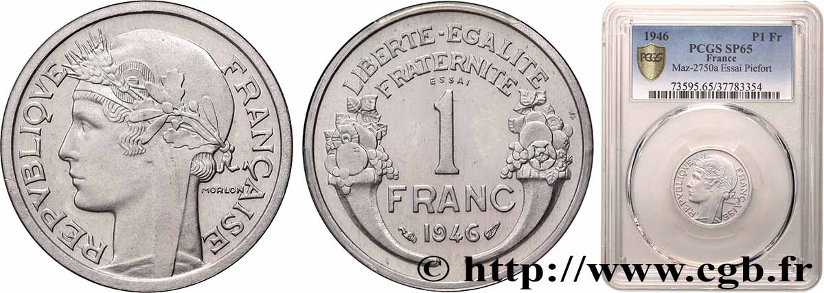 Essai-piéfort de 1 franc Morlon, légère 1946  GEM.101 EP ST65 PCGS