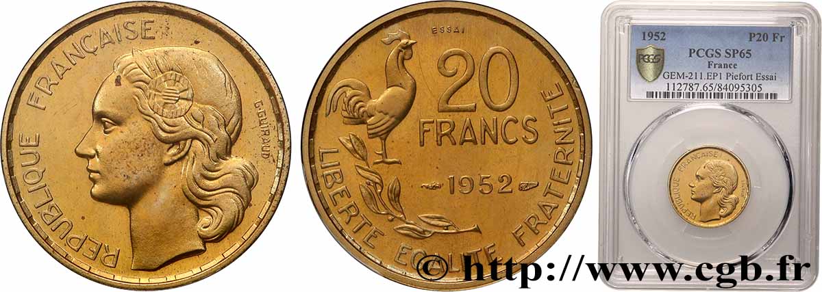 Essai-piéfort au double de 20 francs G. Guiraud, 4 faucilles 1952 Paris GEM.211 EP1 ST65 PCGS