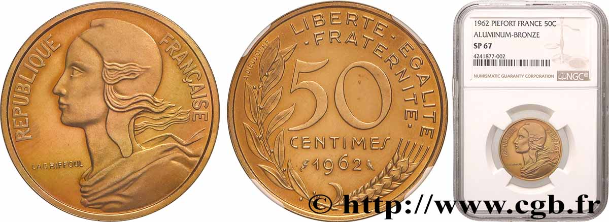 Piéfort Cu-Al-Ni de 50 centimes Marianne 1962 Paris GEM.89 P1 MS67 NGC