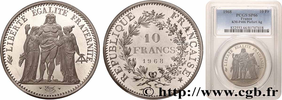 Piéfort Argent de 10 francs Hercule 1968 Paris GEM.183 P1 ST66 PCGS