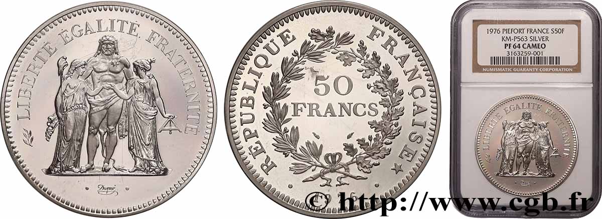 Piéfort Argent de 50 francs Hercule 1976  GEM.223 P1 SPL64 NGC