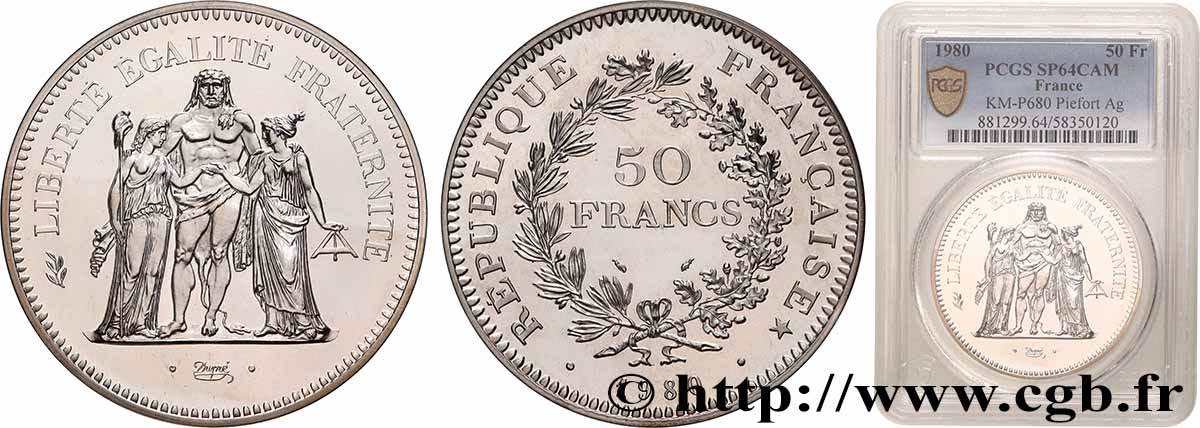 Piéfort Argent de 50 francs Hercule 1980 Pessac GEM.223 P1 fST64 PCGS