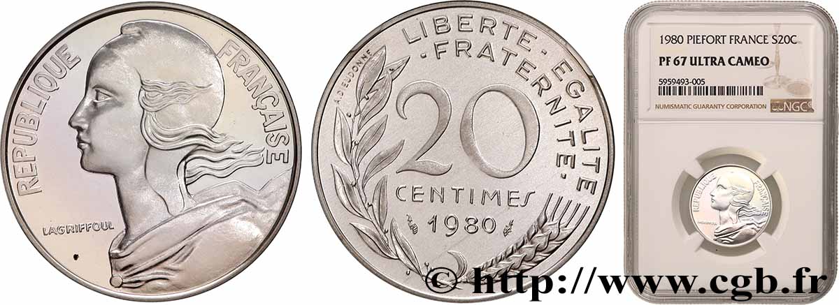 Piéfort Argent de 20 centimes Marianne 1980 Pessac GEM.56 P2 FDC67 NGC