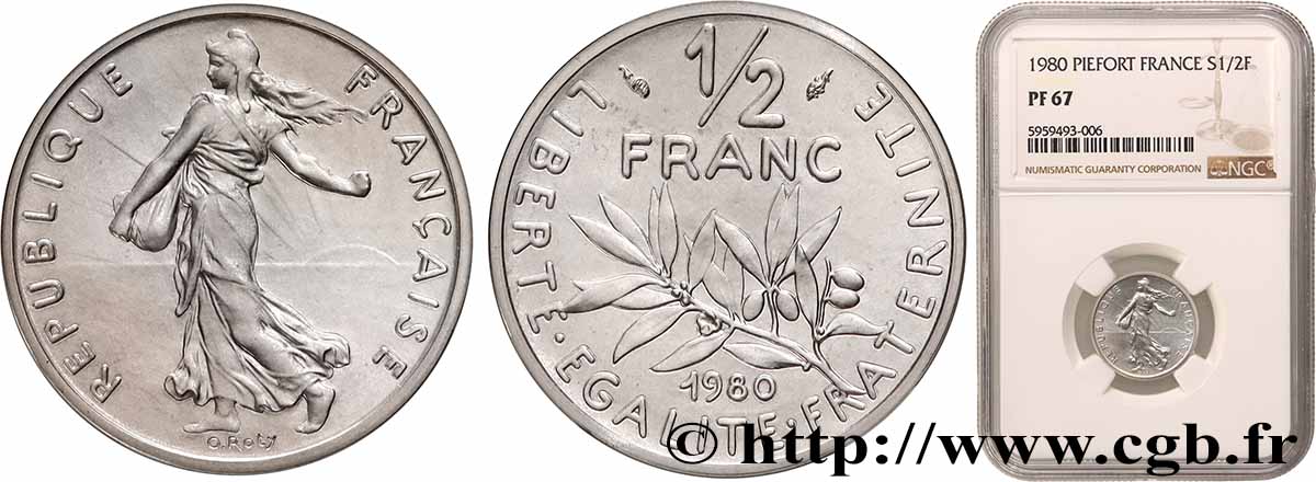 Piéfort Argent de 1/2 franc Semeuse 1980 Pessac GEM.91 P2 ST67 NGC