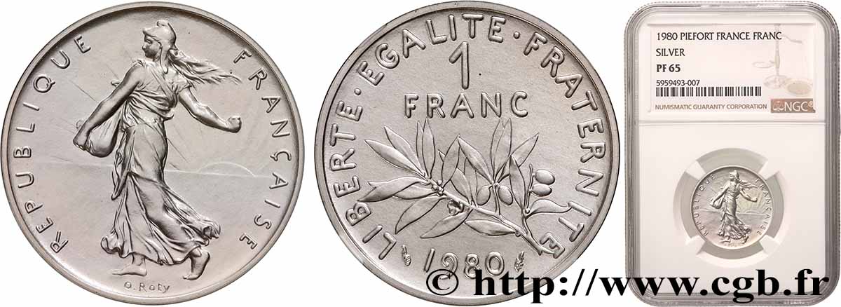 Piéfort Argent de 1 franc Semeuse 1980 Pessac GEM.104 P2 ST65 NGC