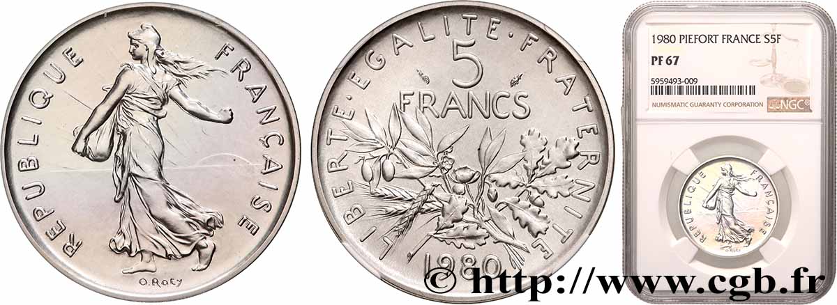 Piéfort Argent de 5 francs Semeuse 1980 Pessac GEM.154 P2 ST67 NGC
