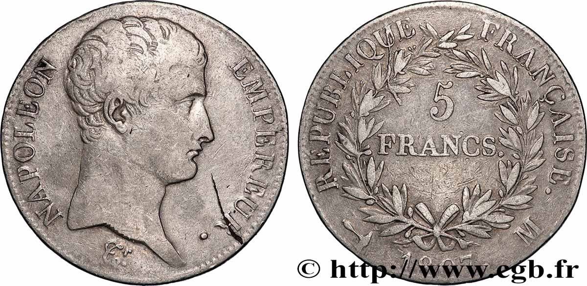 5 francs Napoléon Empereur, Calendrier grégorien 1807 Toulouse F.304/19 VF 