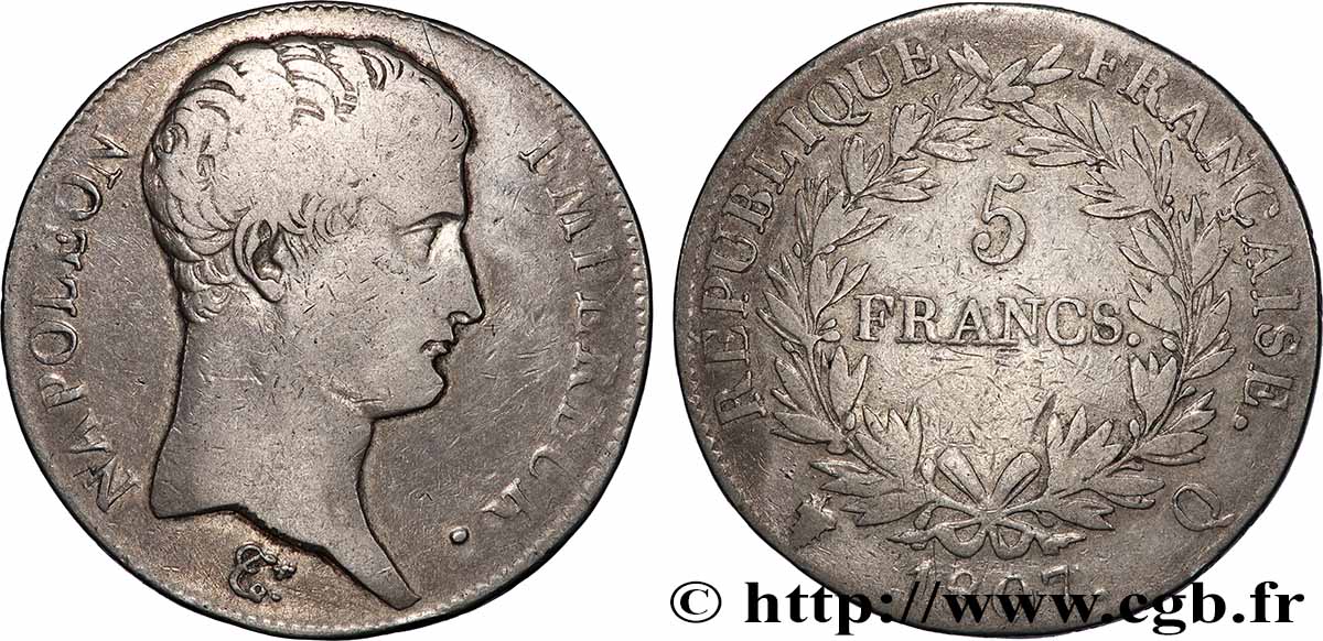 5 francs Napoléon Empereur, Calendrier grégorien 1807 Perpignan F.304/20 VF 