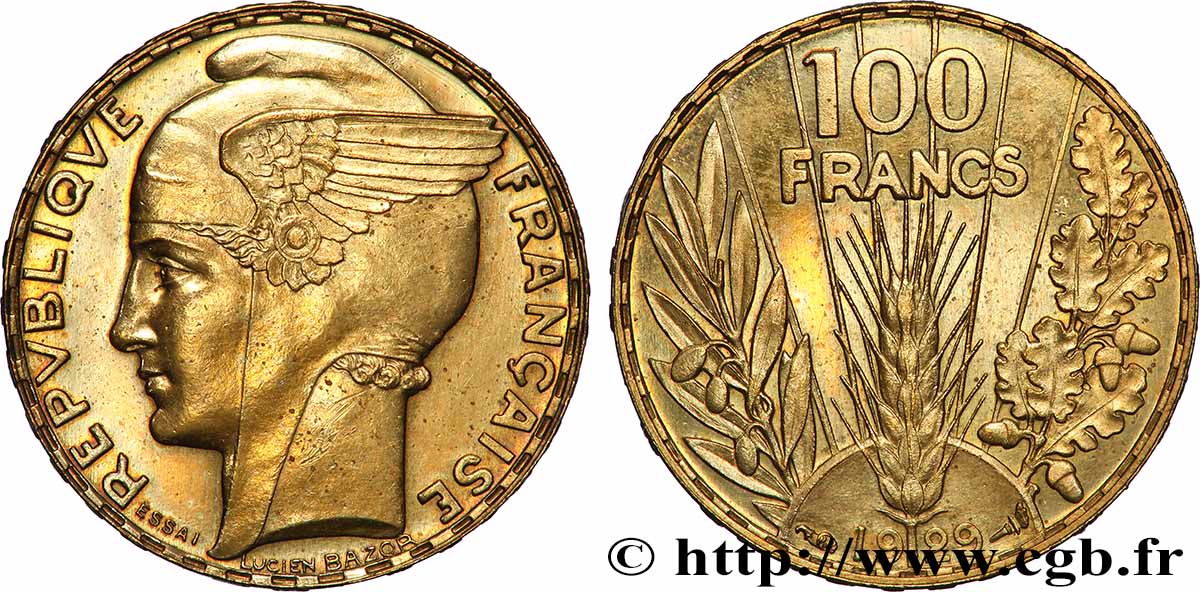 Concours de 100 francs or, essai de Bazor en bronze-aluminium 1929 Paris GEM.288 7 AU 