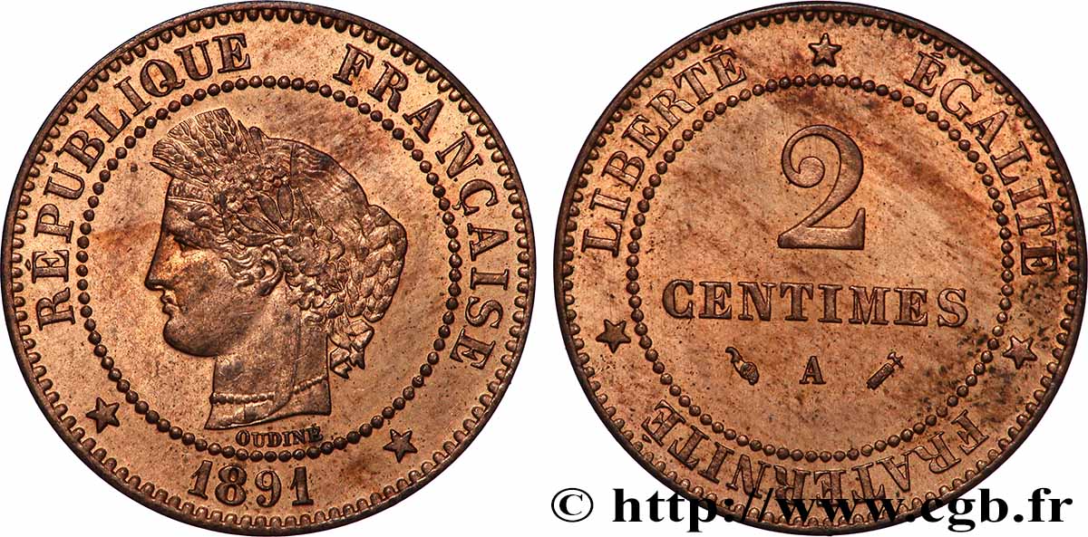 2 centimes Cérès 1891 Paris F.109/17 MS63 