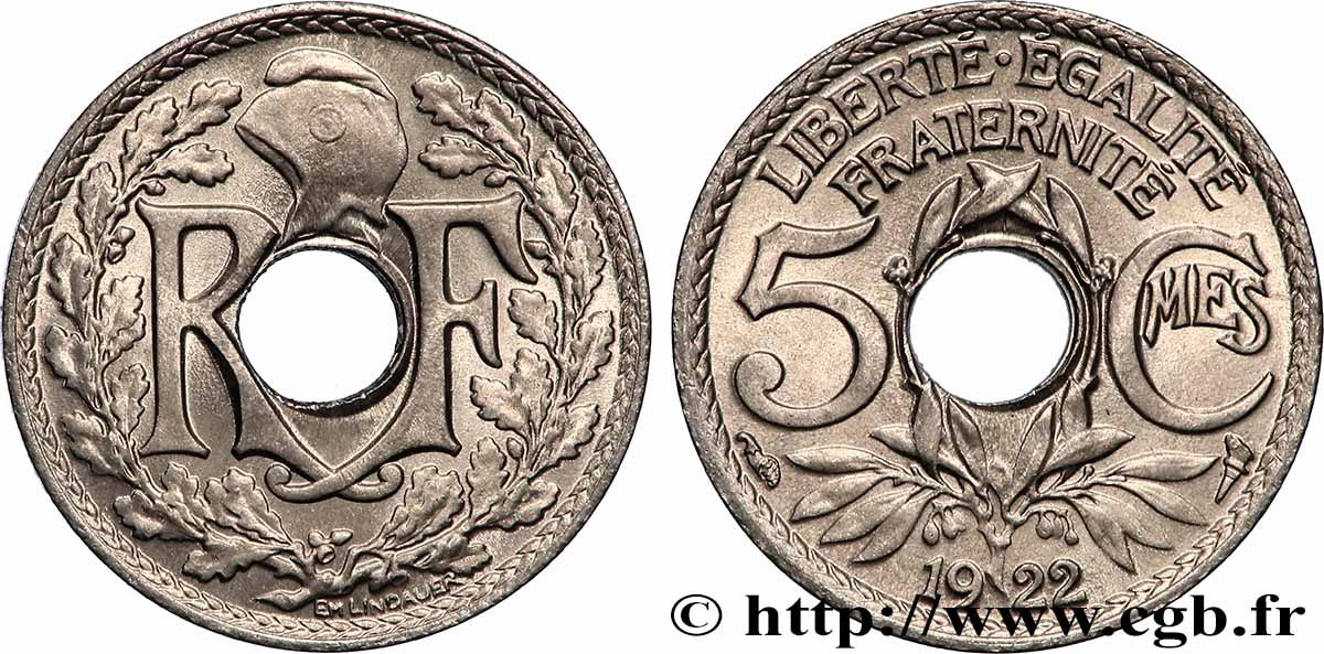 5 centimes Lindauer, petit module 1922 Paris F.122/4 MS65 
