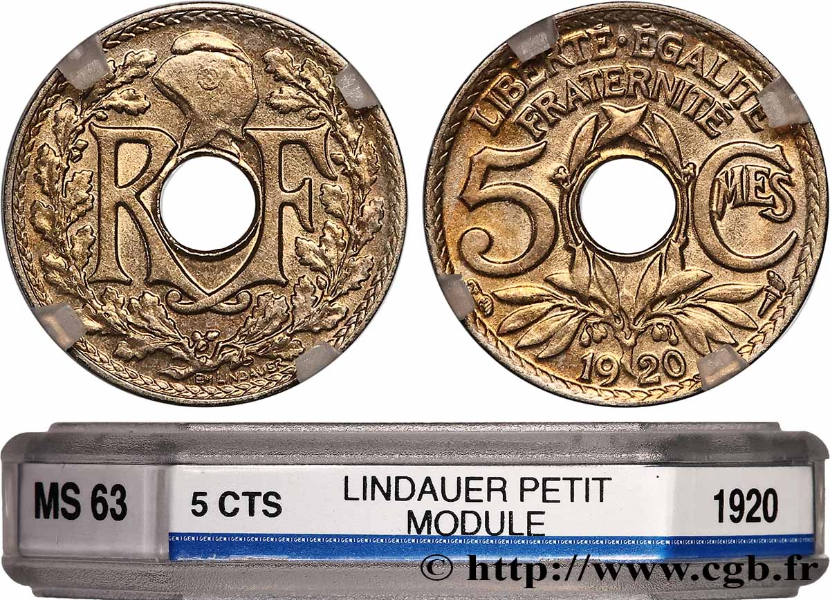 5 centimes Lindauer, petit module 1920  F.122/2 MS63 GENI