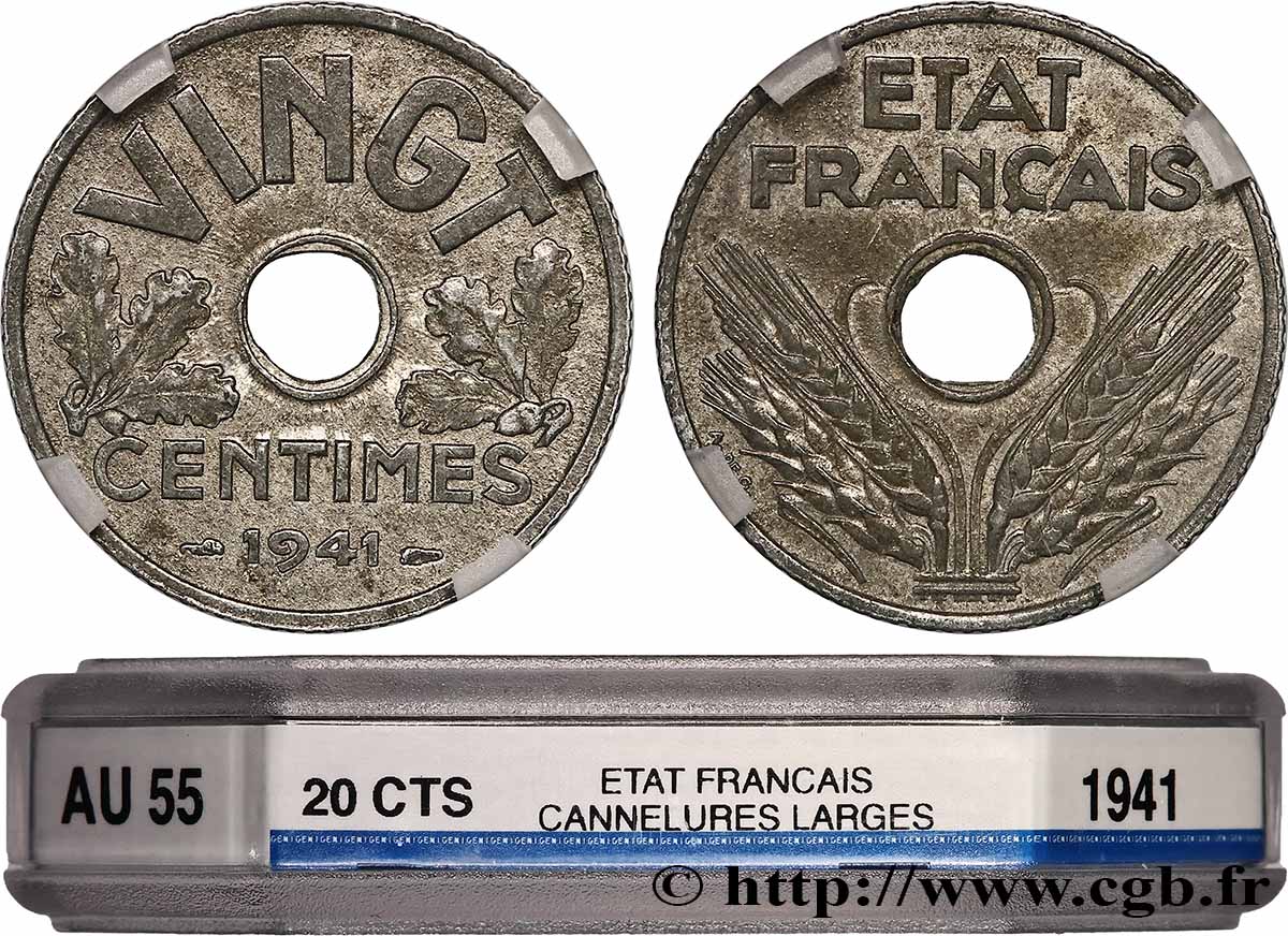 VINGT centimes État français, cannelures larges 1941  F.152/3 AU55 GENI