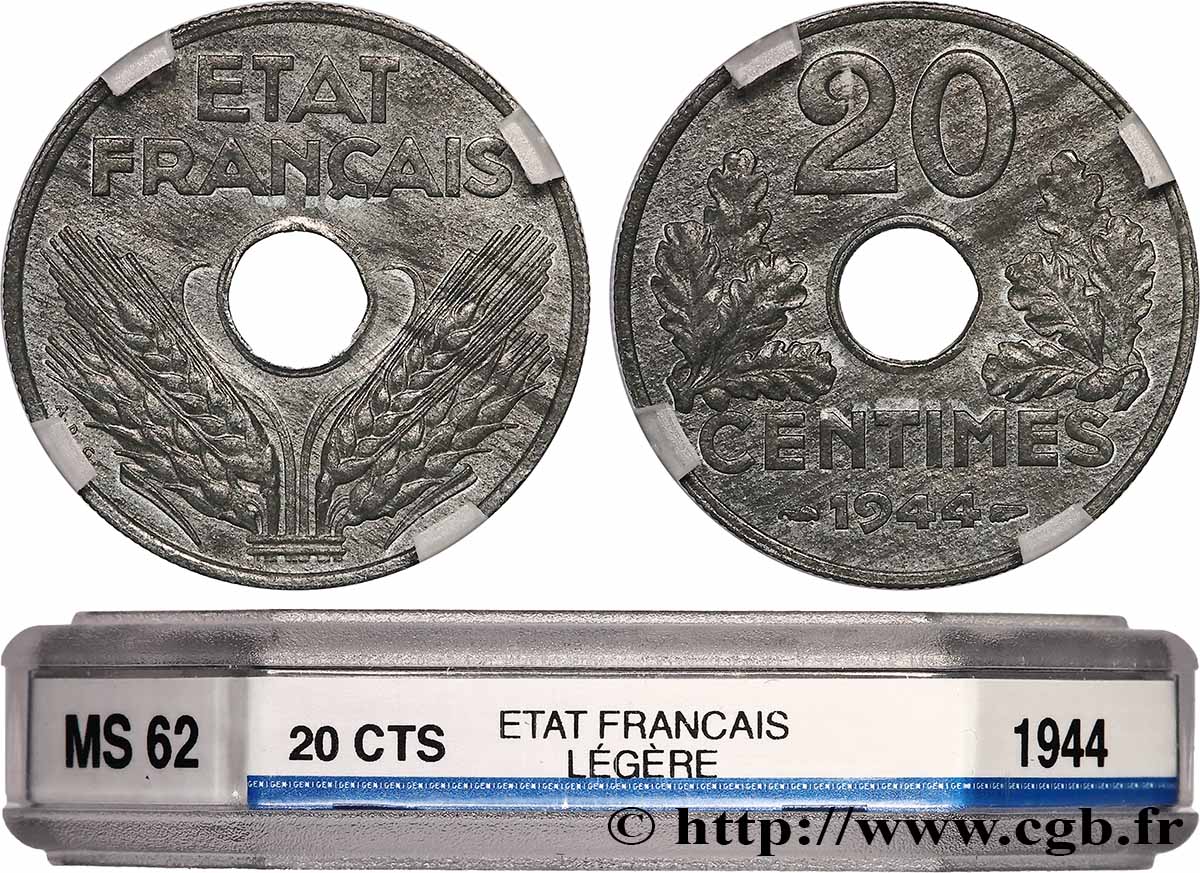 20 centimes État français, légère 1944  F.153A/2 MS62 GENI