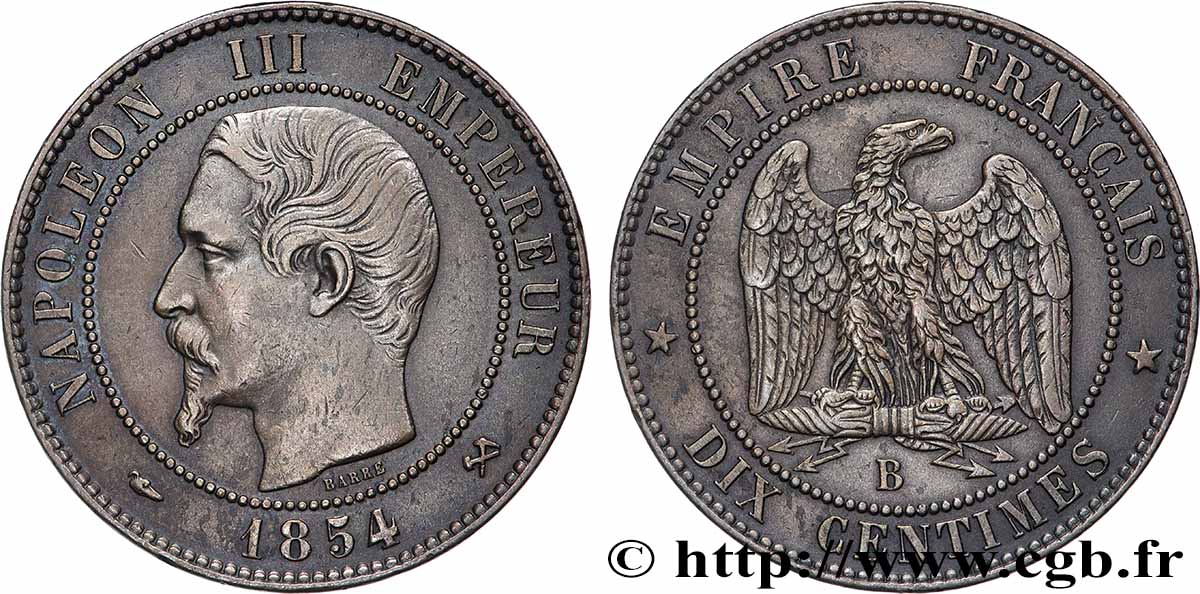 Dix centimes Napoléon III, tête nue 1854 Rouen F.133/12 AU 