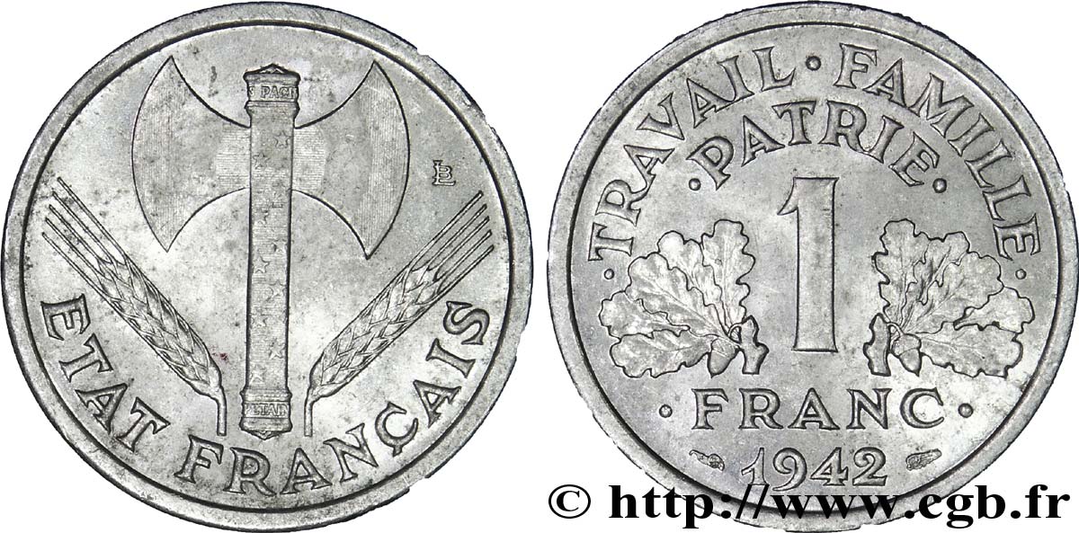 1 franc Francisque, lourde 1942  F.222/3 AU50 