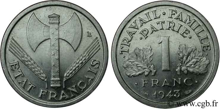 1 franc Francisque, légère 1943  F.223/3 SPL63 