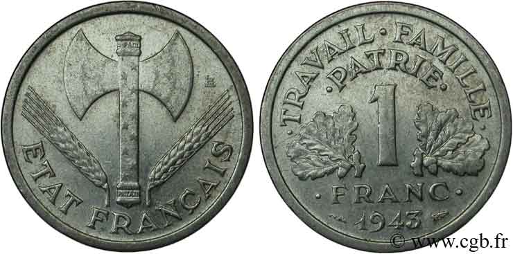 1 franc Francisque, légère 1943  F.223/3 TTB50 