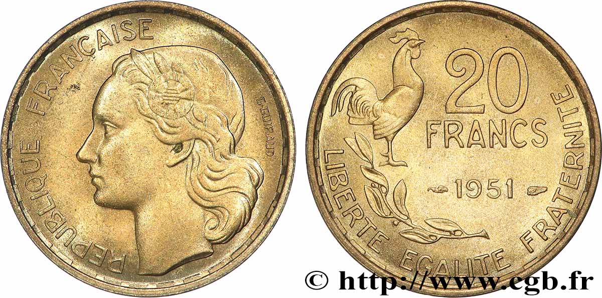 20 francs G. Guiraud 1951  F.402/7 MS65 