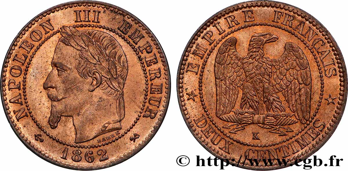 Deux centimes Napoléon III, tête laurée 1862 Bordeaux F.108A/7 MS64 